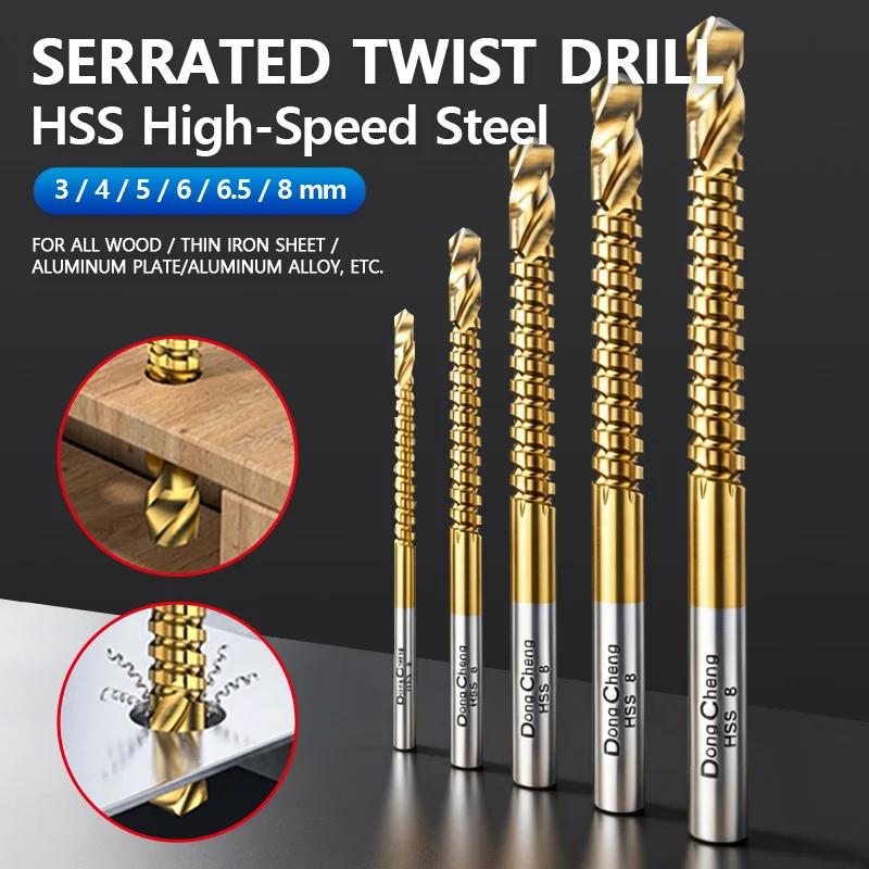 Twist Drill Bit Serrated HSS Titanium Coated Twist Drill Bit 135 Degree Point Round Shank Metal Wood Drilling 3 4 5 6 6.5 8mm