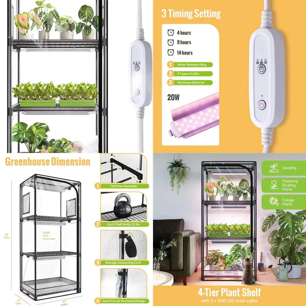 โรงเรือนปลูกต้นไม้ในร่ม 4 ชั้น พร้อมผ้าคลุม PVC แบบมีซิป ระบายอากาศ ช่องระบายน้ำด้านล่าง ไฟสเปกตรัมเต็ม 20 วัตต์ พร้อมตัวตั้งเวลา สำหรับต้นกล้า ขนาด 27 ลิตร