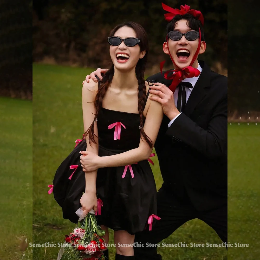 Gaun Malam Mini Hitam Sederhana Gaun Ulang Tahun Formal Elegan Tali Spaghetti Satin Pemotretan Busur Merah Muda Korea Wanita Disesuaikan