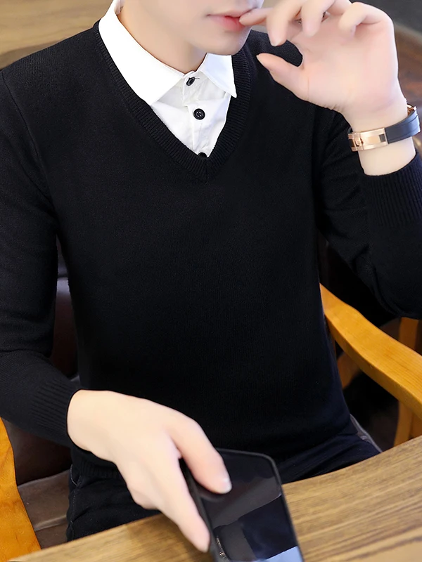

Korean Sle V-Ne Knitted Sweater Men's Slim Fit irt Collar Fce Lined Thiened Winter Long Sve Color Top
