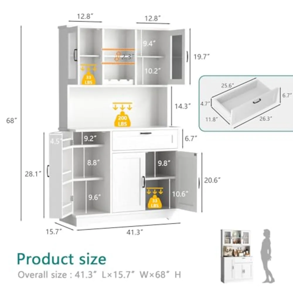 Kitchen Pantry Cabinet, Large Kitchen Hutch Formhouse Storage Cabinet with Microwave Stand, Tall Food Pantry for Dining