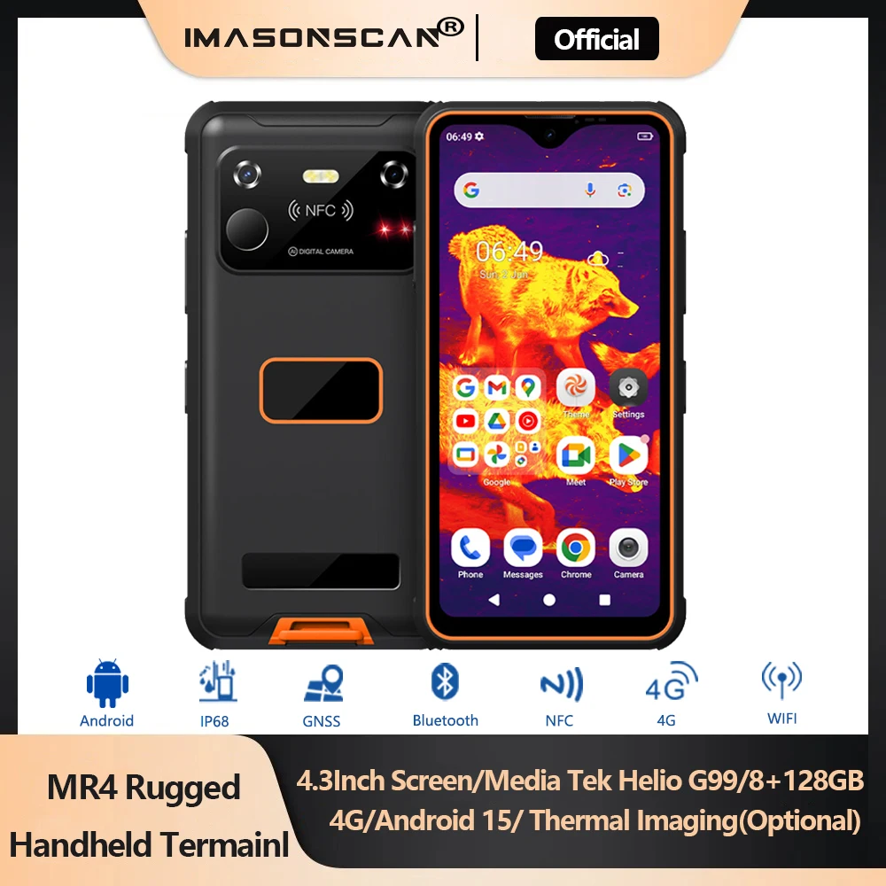 

4,3-дюймовый мини-прочный портативный терминал Helio G99 8 + 128 ГБ Android 14/15, тепловизионная сканирующая камера ночного видения, IP68, мобильный КПК