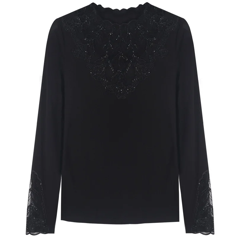 SALE Fashion Casual Long Sleeved Lace T-Shirt Elegant Slim Hollow Out Embroidered Bottom Shirt