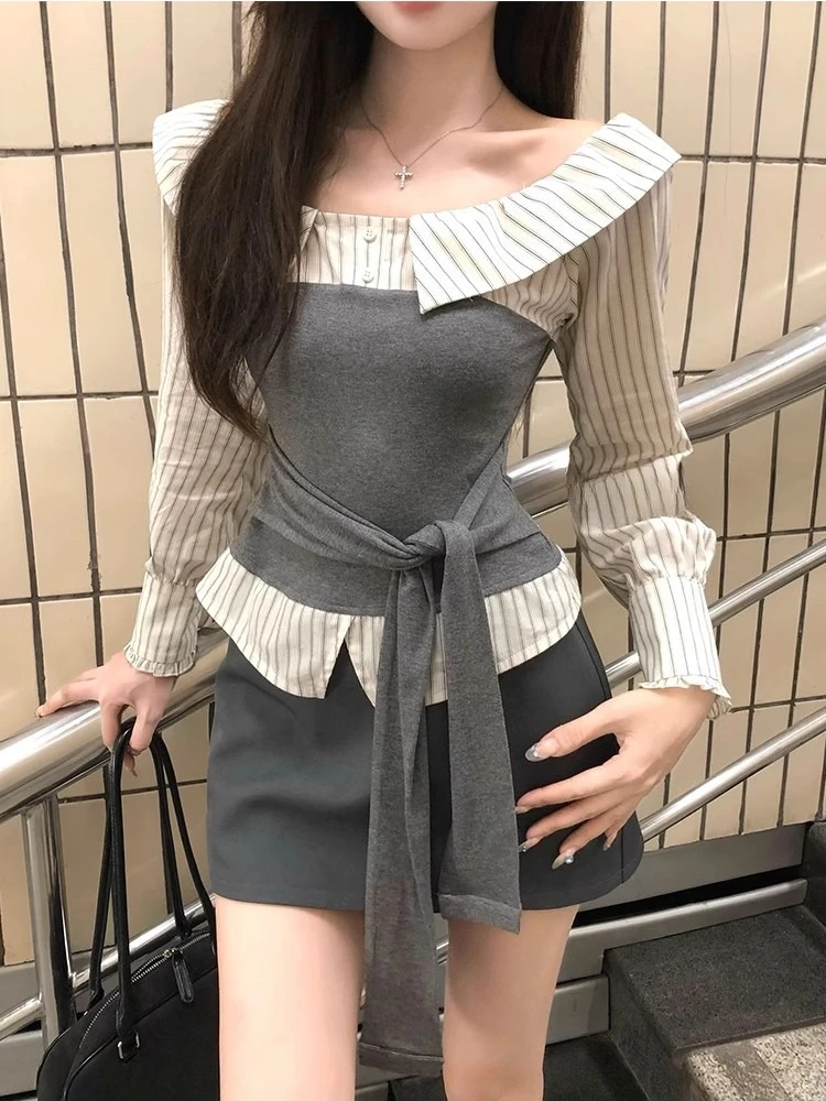 Herbst Elegante Gestreifte Design Patchwork Sets Eine Schulter Schlank Top + Mini Rock Anzug Frauen Korea Chic Langarm 2-stück Set