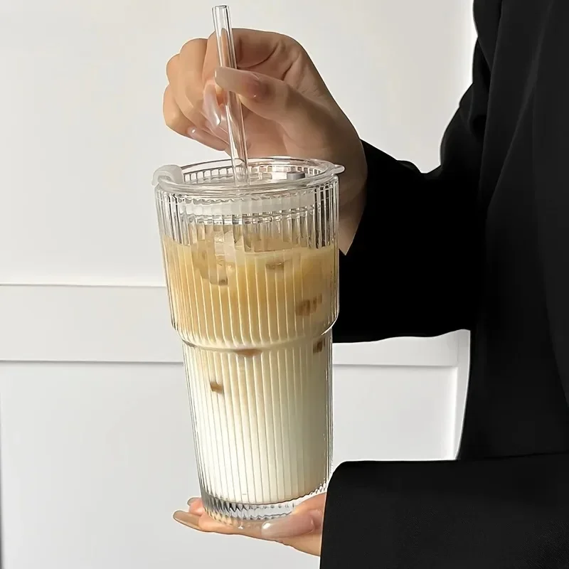 1 600ML striped cup with lid, milk iced coffee cup, beverage cup image 3