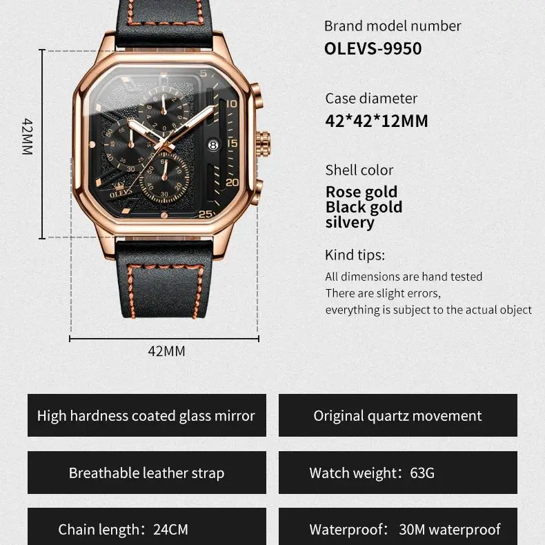 OLEVS Men\'s Square Quartz Watches Three Eye Chronograph Clock Waterproof Luminous Leather Strap Men\'s Wristwatch Original 9950