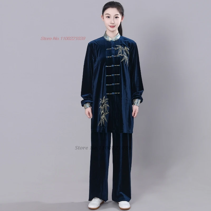 2026 chinese kung fu tai chi martial arts wushu uniform bamboo embroidery thickened velvet tops+pants set training exercise view 3