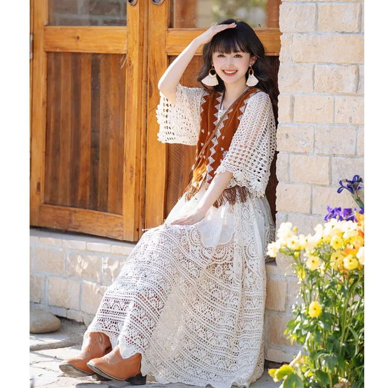 Gilet long amincissant pour femme, en maille ajourée à motif floral crocheté, coupe ample, en polyester, pour le printemps et l'automne...