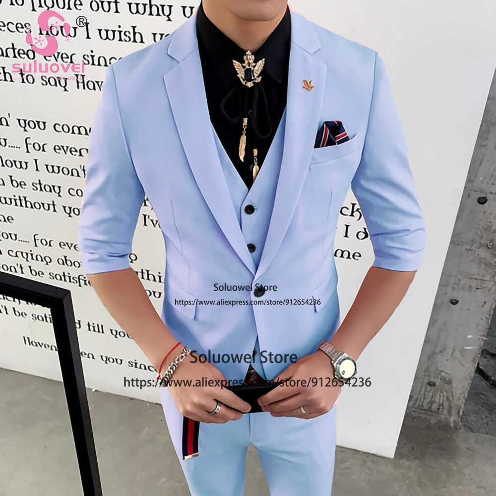 

Fashion Korean Style Half Sleeve Suits For Men Slim Fit Custom Made 3 PCS Pants Set Formal Groom Wedding Tuxedo Blazer Masculino