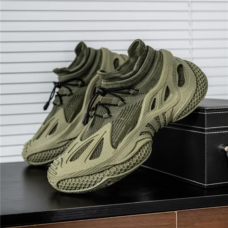 Men's Casual Sports Shoes with Mesh Surface Breathable Laced Solid Color Spring and Summer Wear-resistant and Anti-slip