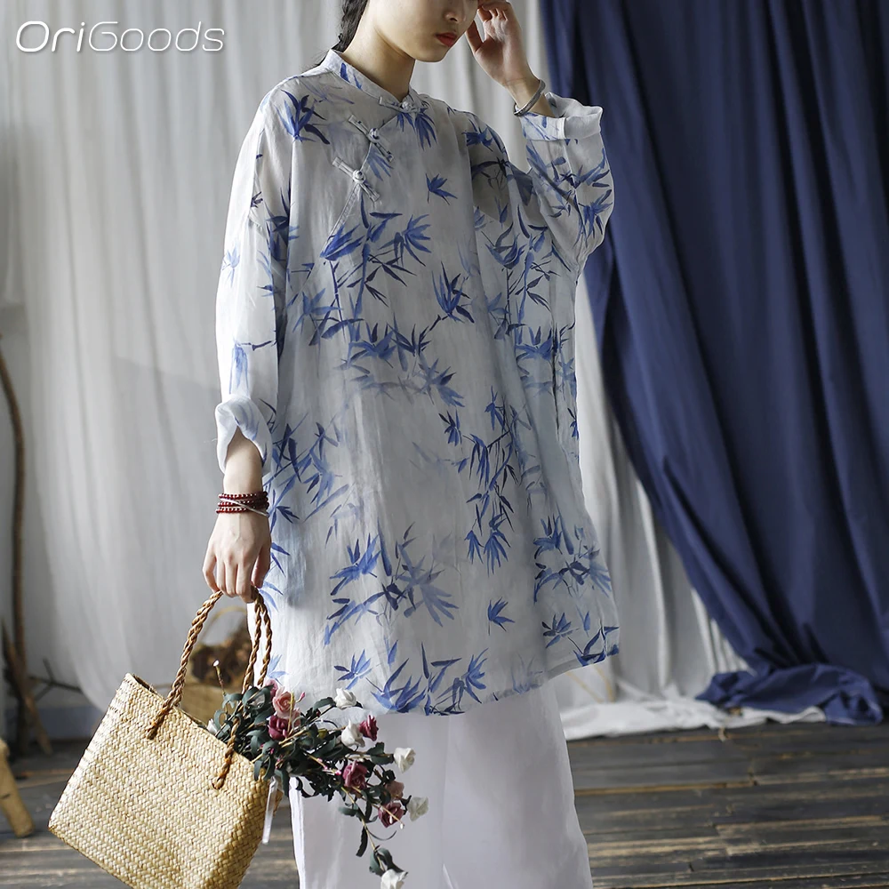 OriGoods Ramie 100% Long Blouse Women Chinese Style Bamboo Print Oversized Summer Blouse 2024 New Vintage Loose Thin Tops X025