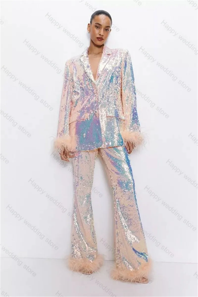 Sequins Feather Women Suit Set Blazer+Pants 2 Pieces Formal Wedding Tuxedos Custom Made Luxury Jacket Coat Trousers Prom Dress