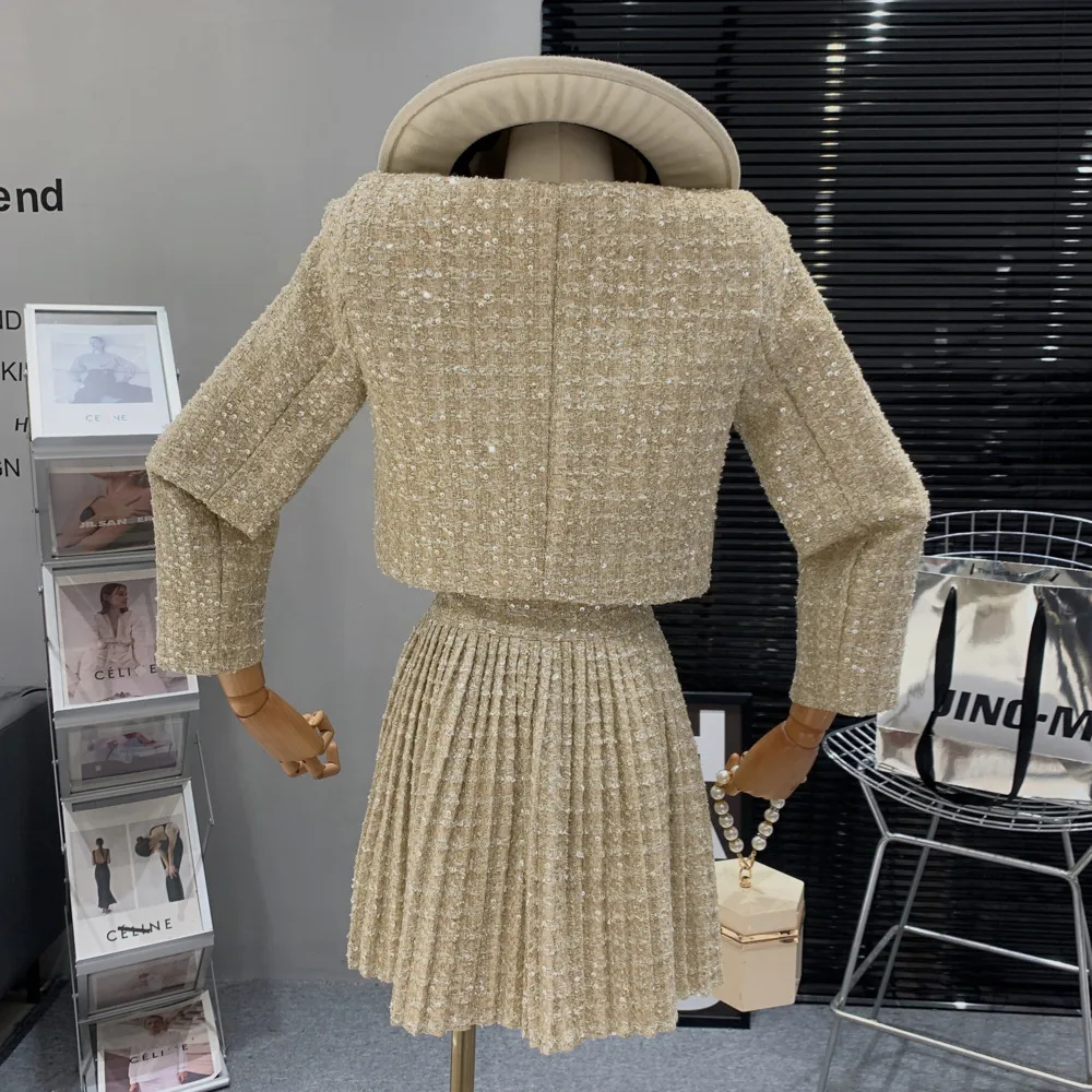 Fashion Elegant Tweed Sequin Suit Women\'s Autumn 2023 New High Quality Pearl Short Jacket Coat + Pleated Skirt Two Piece Set