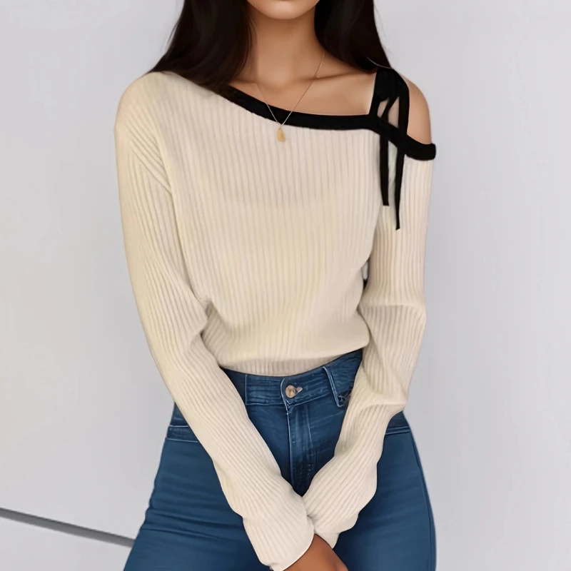 

New Women's Slant Neck Off-Shoulder Lace-Up Long Sleeve Top Solid Color Versatile Casual Pullover
