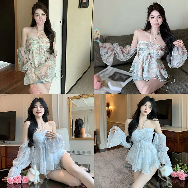 Super fairy floral one-shoulder hanging neck chiffon shirt female summer sunscreen long-sleeved Slim short paragraph tops