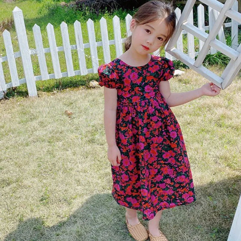 Summer Baby Girl Dress Puff Ruffles Toddler Dress Floral Print Kids Short Sleeves Vestidos Newborn Dresses Clothing 3-8years