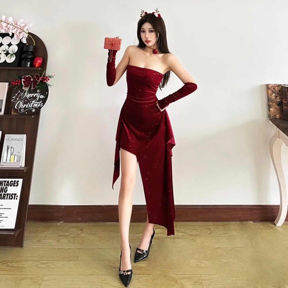 Sukienka SylCue Red Bright Silk Dress+Sleeve Cover Woman Chest Wrap Backless Shape Waist Irregular Hem Christmas Party Elegant Bodycon