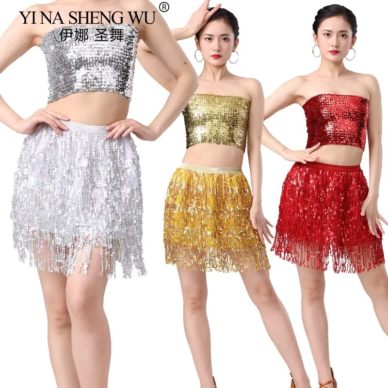 Sexy Women Belly Dance 4-layer Sequins Tassel Skirts Elegant Mid-rise Solid Slimming Skirt Latin Dance Stage Performance Outfits
