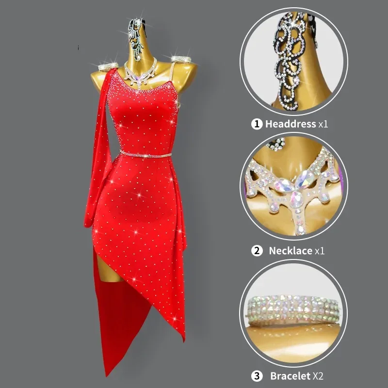 2024 New Red Latin Dance Dress Women Competition Line Suit Ballroom Urban Stage Costume Girl Performance Outfit Samba Sexy Skirt