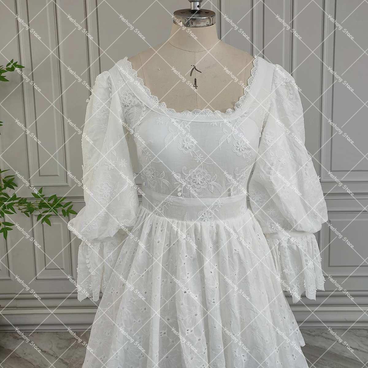 Vintage Square Neck Cotton Blend Wedding Dress Long Puffy Sleeves Real Photos Layered Cutout Lace Customized Bridal Gowns
