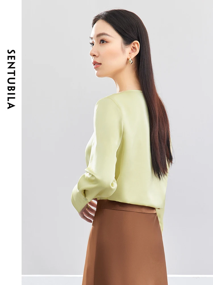 SENTUBILA Green Satin Blouse for Women 2024 Spring Autumn Elegant Chain V Neck Long Sleeve Simple Solid Womens Tops 141V52960