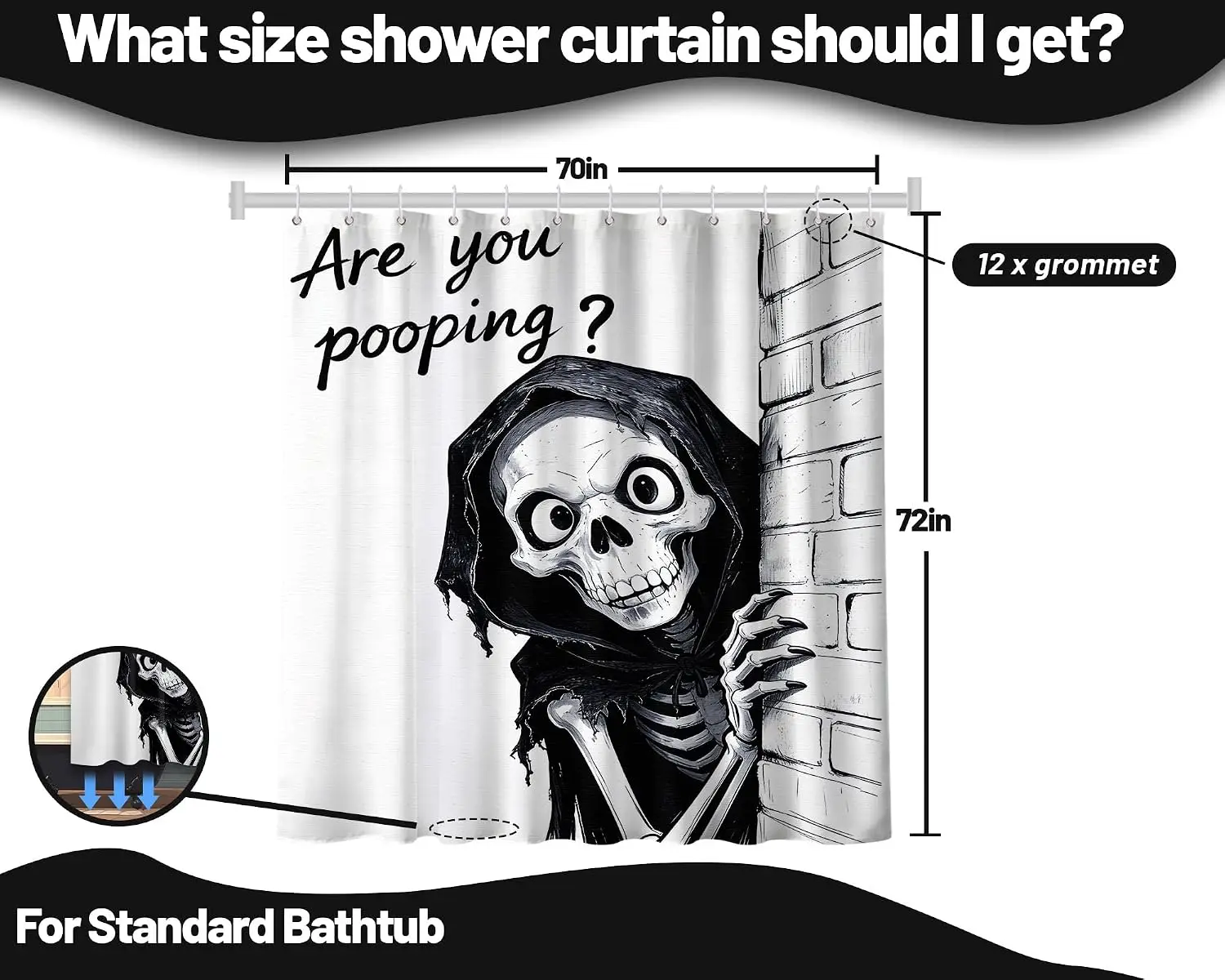 Funny Skull Pop Art Shower Curtain Novelty Bathroom Decor Humorous Gothic Art 72x72 Inches Bathroom