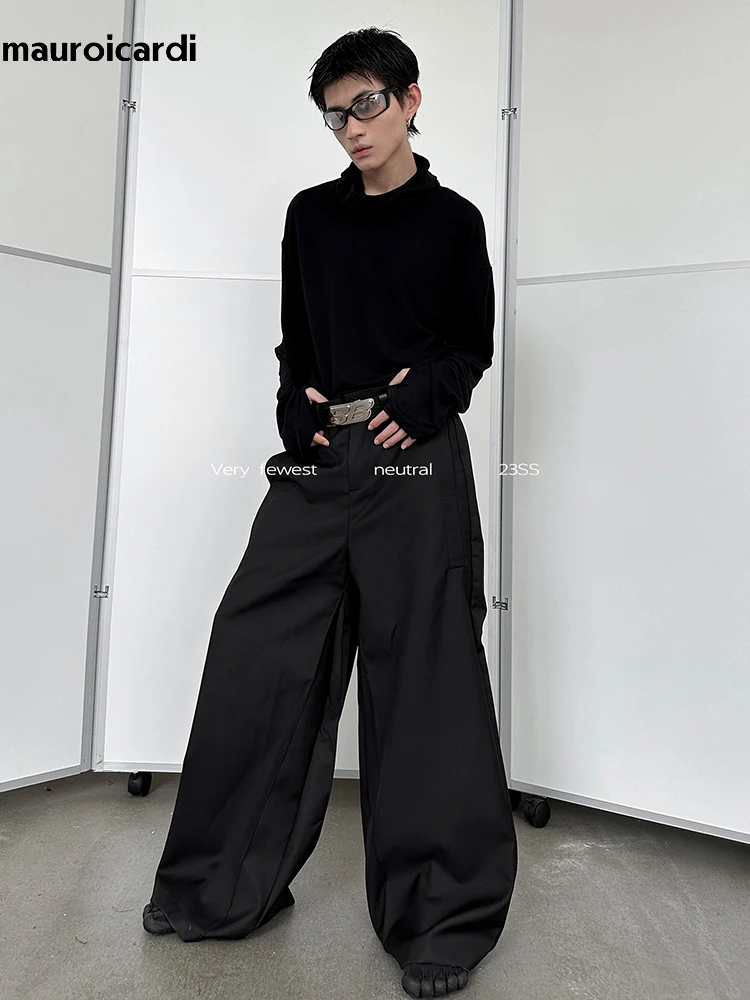 Mauroicardi Autumn Black Flowy Baggy Wide Leg Pants for Mens Streetwear Men Clothing Fashion Loose Casual Soft Gray Trousers