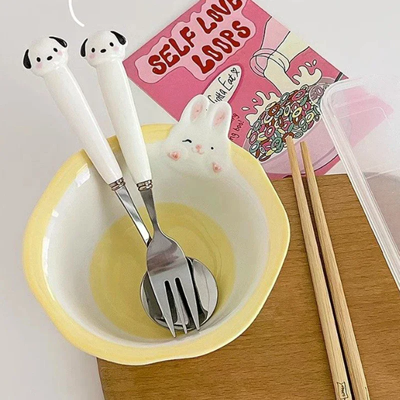 Cartoon Puppy Piggy Spoon Fork Chopsticks Stainless Steel Cu