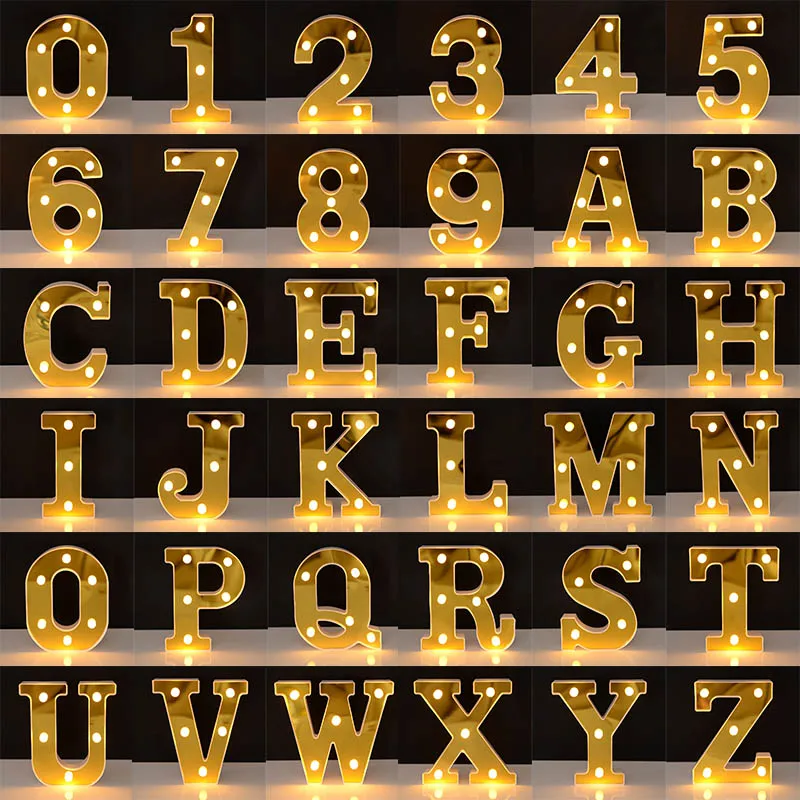 6.29inch Plastic Fairy Lights Led Letter Ornament Gold Alphabet Number with Light for Home Wedding Birthday Christmas Decoration