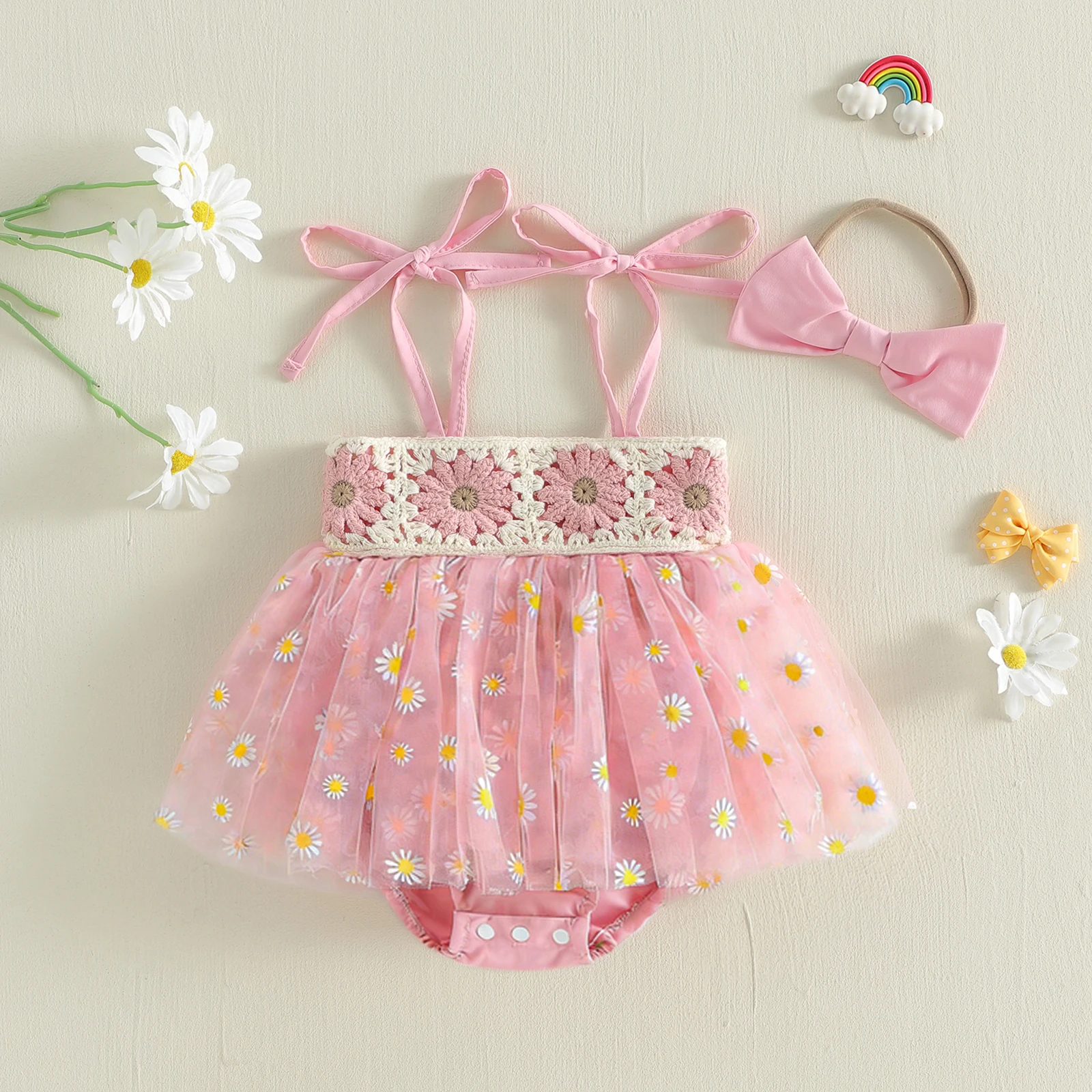 Newborn Girl Outfit Tie-up Sleeveless Flower Patchwork Romper Dress with Bowknot Hairband Summer Clothes