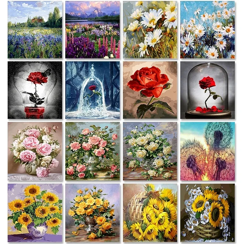 Oil Painting By Numbers Flower On Canvas With Frame Handmade Drawing Paints For Adults Picture Coloring By Number Decoration Art