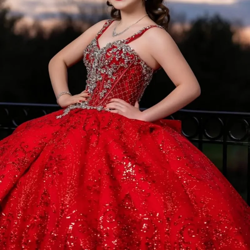 

Luxury Shiny Red Quinceanera Dress crystal glitter Decal Long tail Lace Bow Vestidos De 15 Quinceanera ﻿Customize