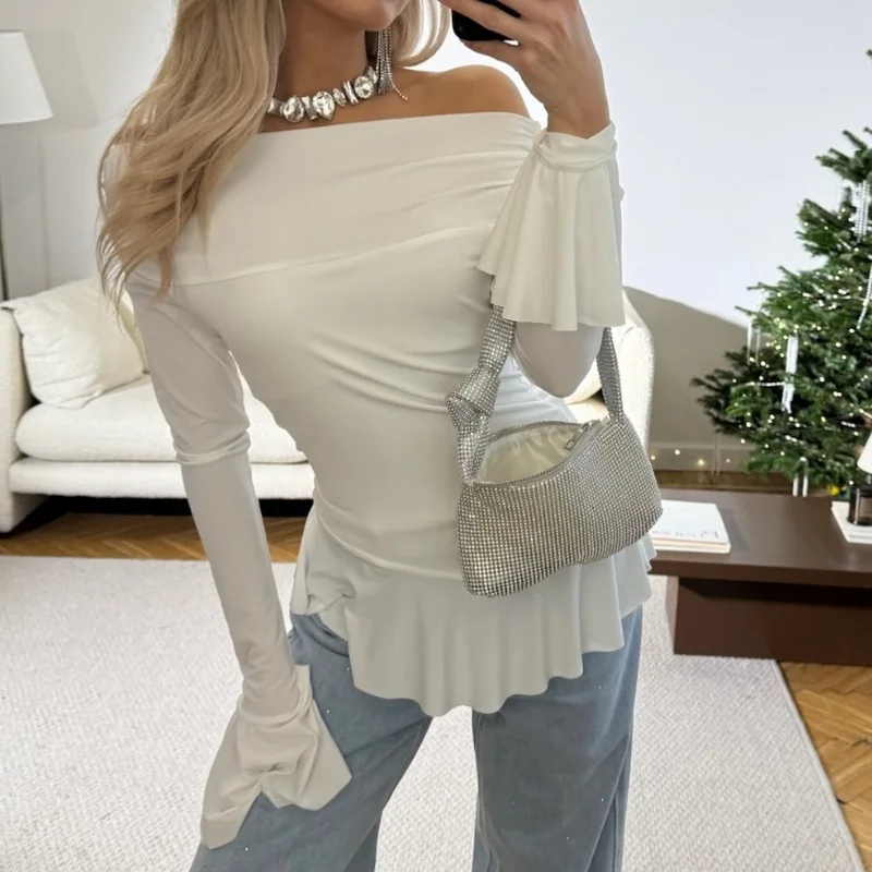 2025 Autumn Slash-neck Sexy Solid Long Sleeve T-Shirt Y2K Gentle Elegant Women Slim Basics Tees Female Tops Female Camisole