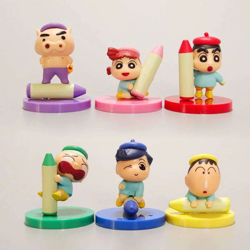 6pcs/set Crayon Shin Chan Anime Colorful Pen Graffiti Seies Mini GK Model Kawaii Toy Collection Decoration Children Charm Gift