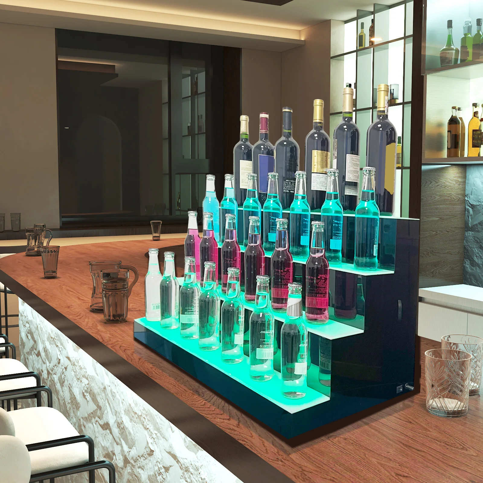 Estante de exhibición LED de 31" con soporte de exhibición de botellas de licor LED de 7 colores preestablecidos de 2/3/4 pasos
