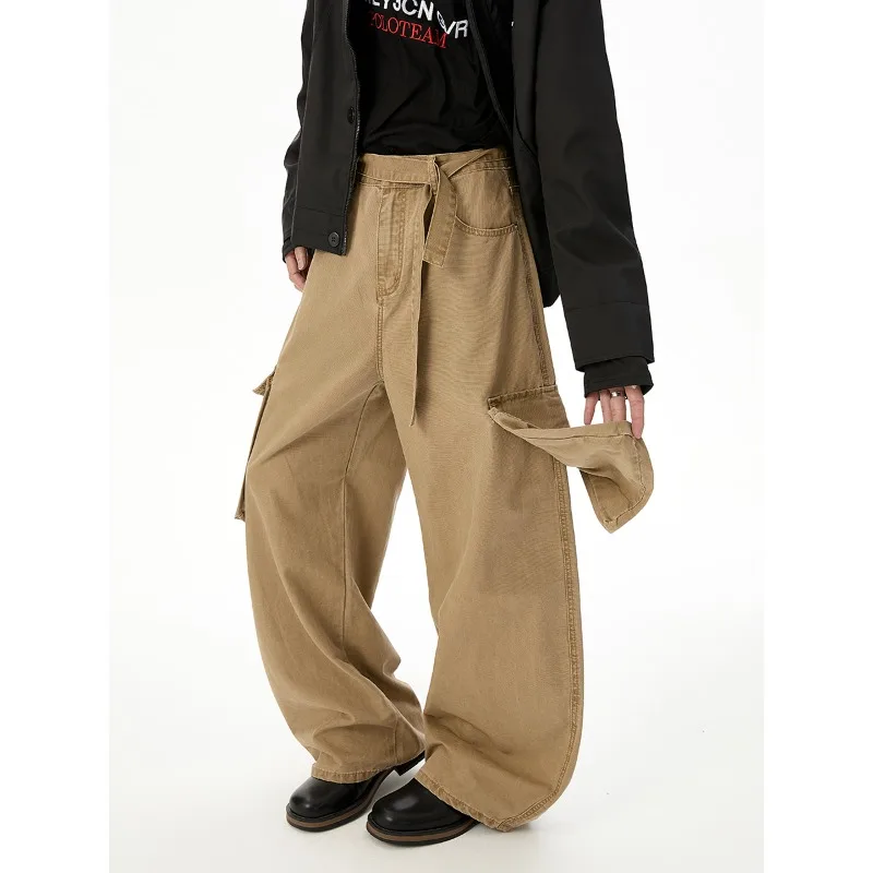 

Simple New Men's Cargo Pants Solid Color Belt Design American Style Big Pocket Patchwork Straight Leg Male Trousers