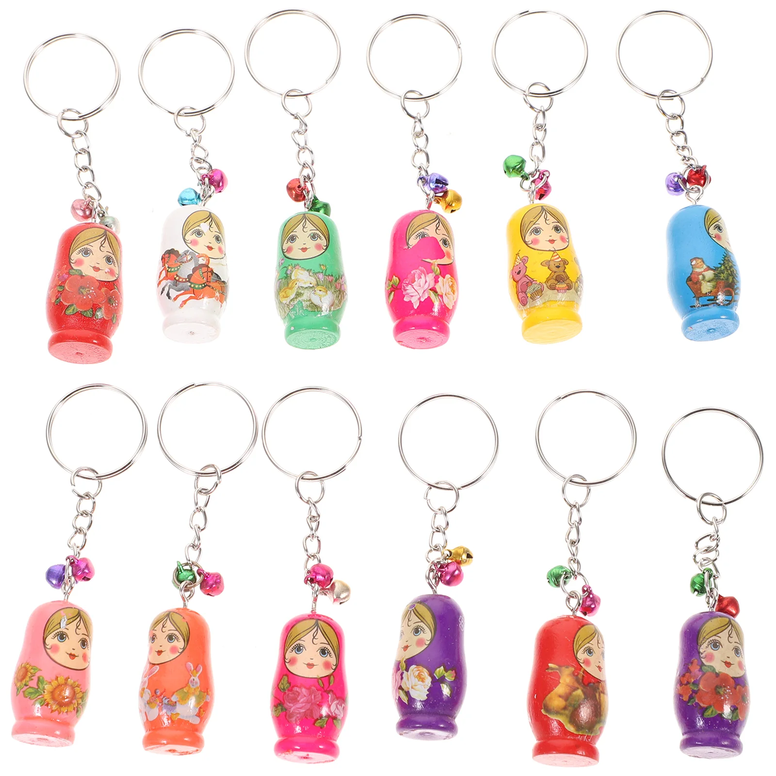 12 PCS Baby Toys Matryoshka Key Chains Russian Dolls Rings Wooden Keychain Toddler