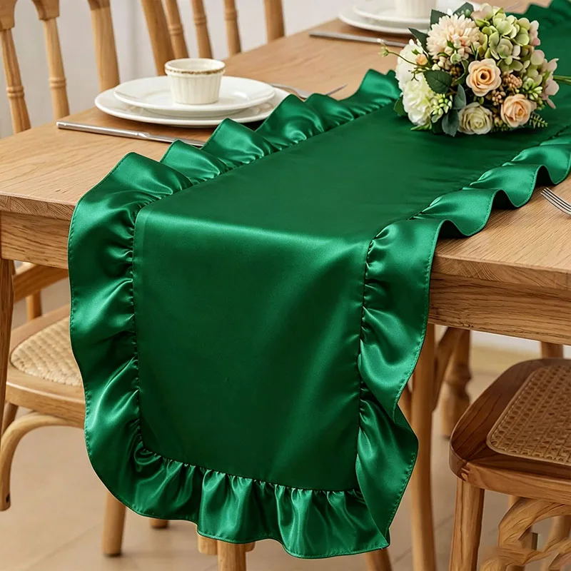 Satin Ruffled Table Runner Bright Smooth Fabric Birthday Party Decor for Home Kitchen Dinner Wedding Party Events Table Decor
