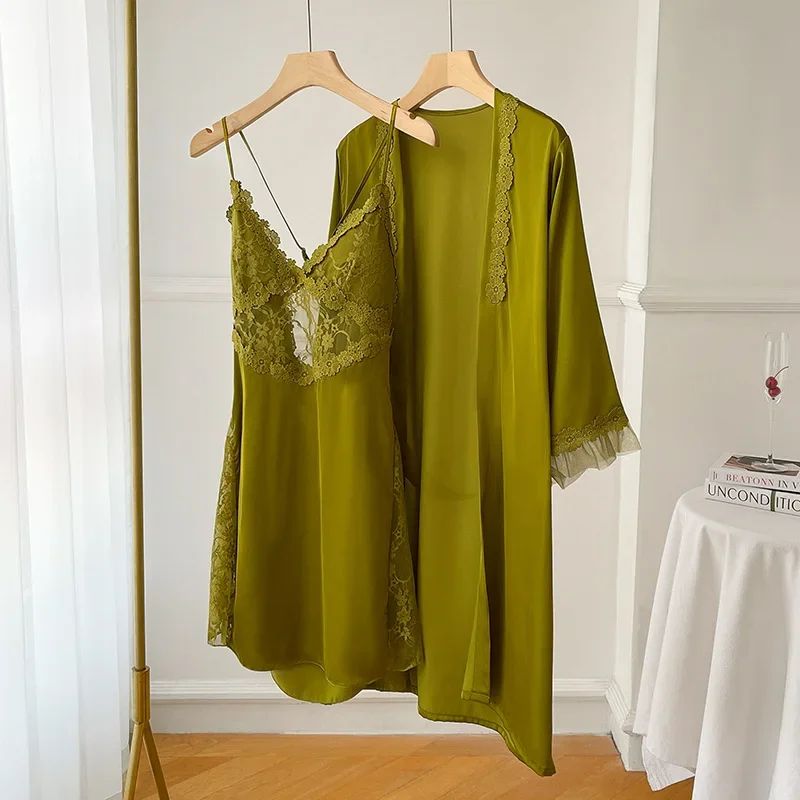 

Сплошной цвет, сексуальная женская ночная рубашка, халат, ночная рубашка, платье для сна, домашняя одежда, комплект для сна из ледяного шелка, кружевной комплект из 2 предметов с нагрудником для отдыха