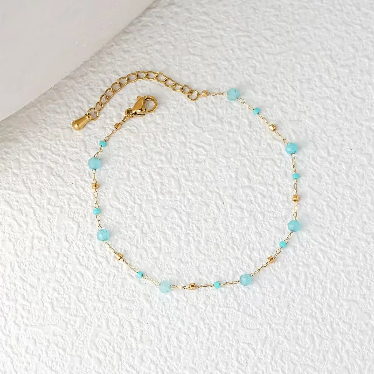 Cross‑Border Summer Island‑Style Starry‑Sky Matte Light‑Blue Aquamarine Natural‑Stone Thin‑Chain Bohemian Bracelet