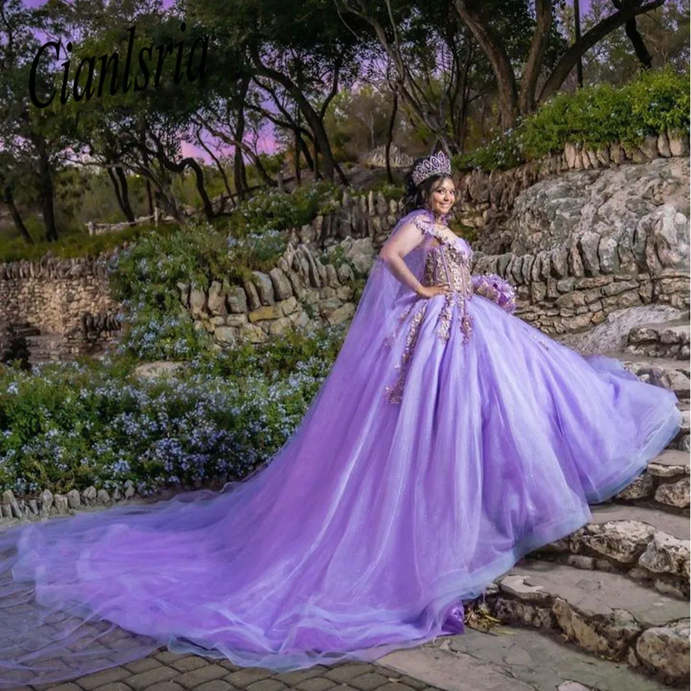 Lilac Handmade Flowers Ball Gown Quinceanera Dresses With Cape Off The Shoulder Appliques Lace Vestido De 15 Anos Sweet 16