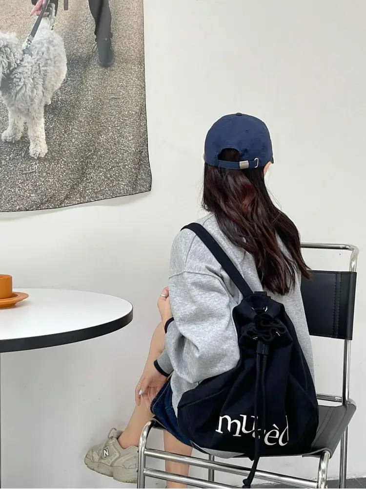 Korean version new double shoulder drawstring backpack minimalist letter printed canvas bag portable large capacity shopping bag