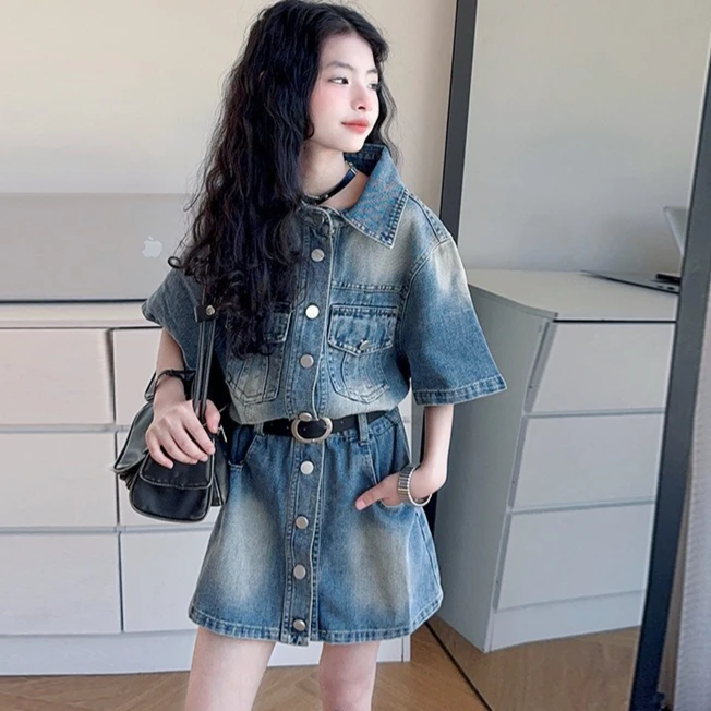 

Girls Skirt 2025 Summer New Children's Clothing Korean Style Girls Baby Fashion Retro Cowboy Dress Casual Simple Daily