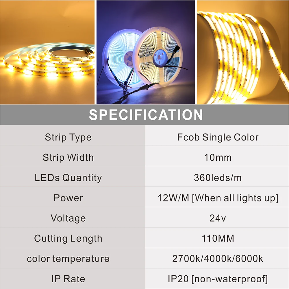 FCOB SPI CCT IC LED-lichtstrip WS2811 Adresseerbaar 360 LED's 2700K Tot 6500K 10 Mm DC24V Flexibele FOB COB-verlichting Met Hoge