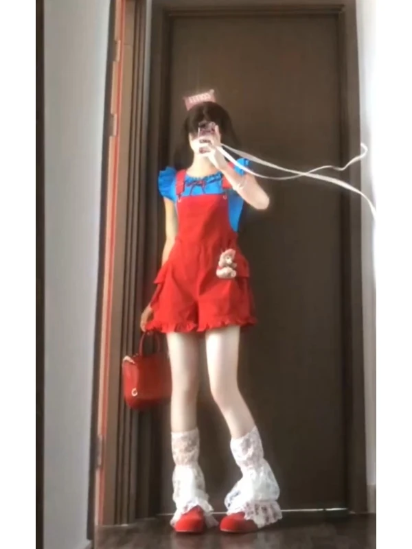 طقم صيفي فضفاض مضاد للشيخوخة باللون الأحمر Dopne Sle مع Flng Sves وسراويل ort مكونة من قطعتين طقم Faion للسيدات #5