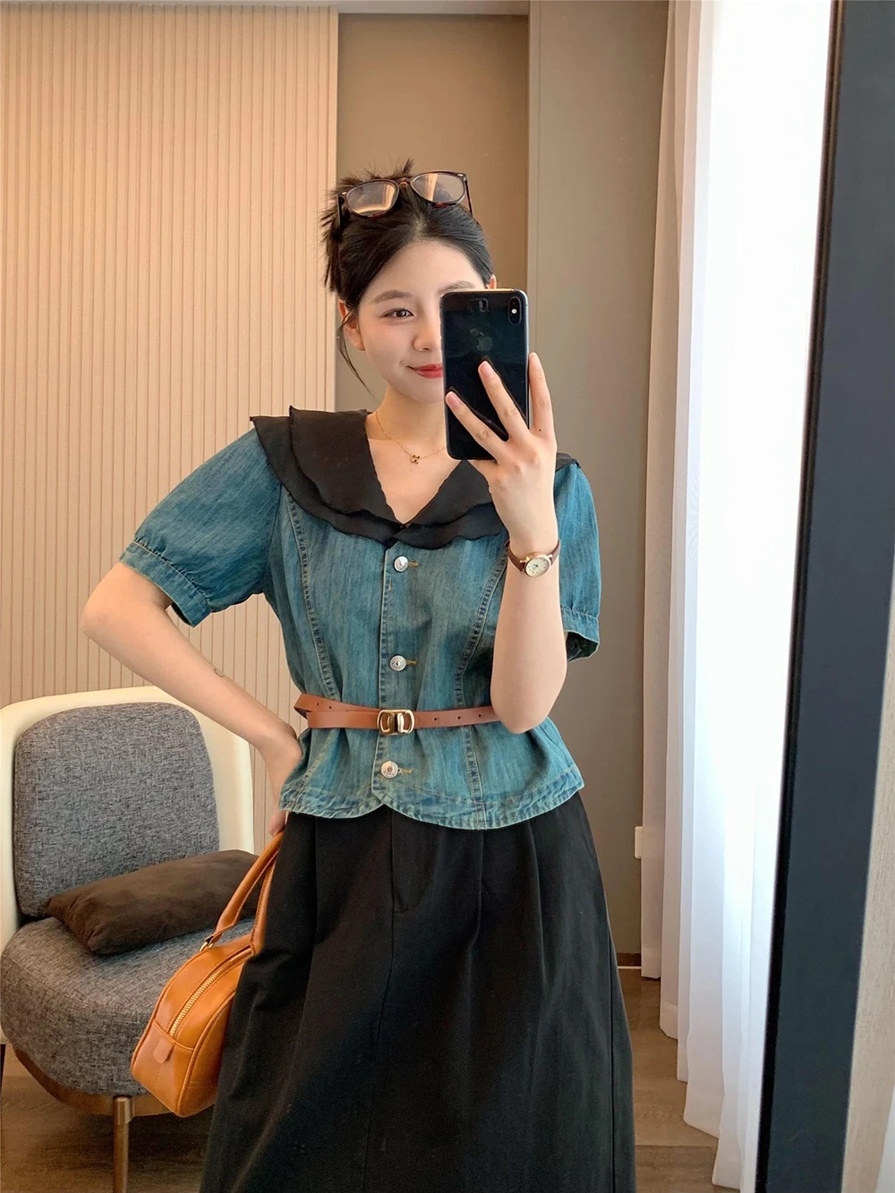 Women's Versatile Denim Blue Top Summer Tiered Contrasting Colors Doll Collar Single Breasted Bubble Sleeved Short Casual Shirt