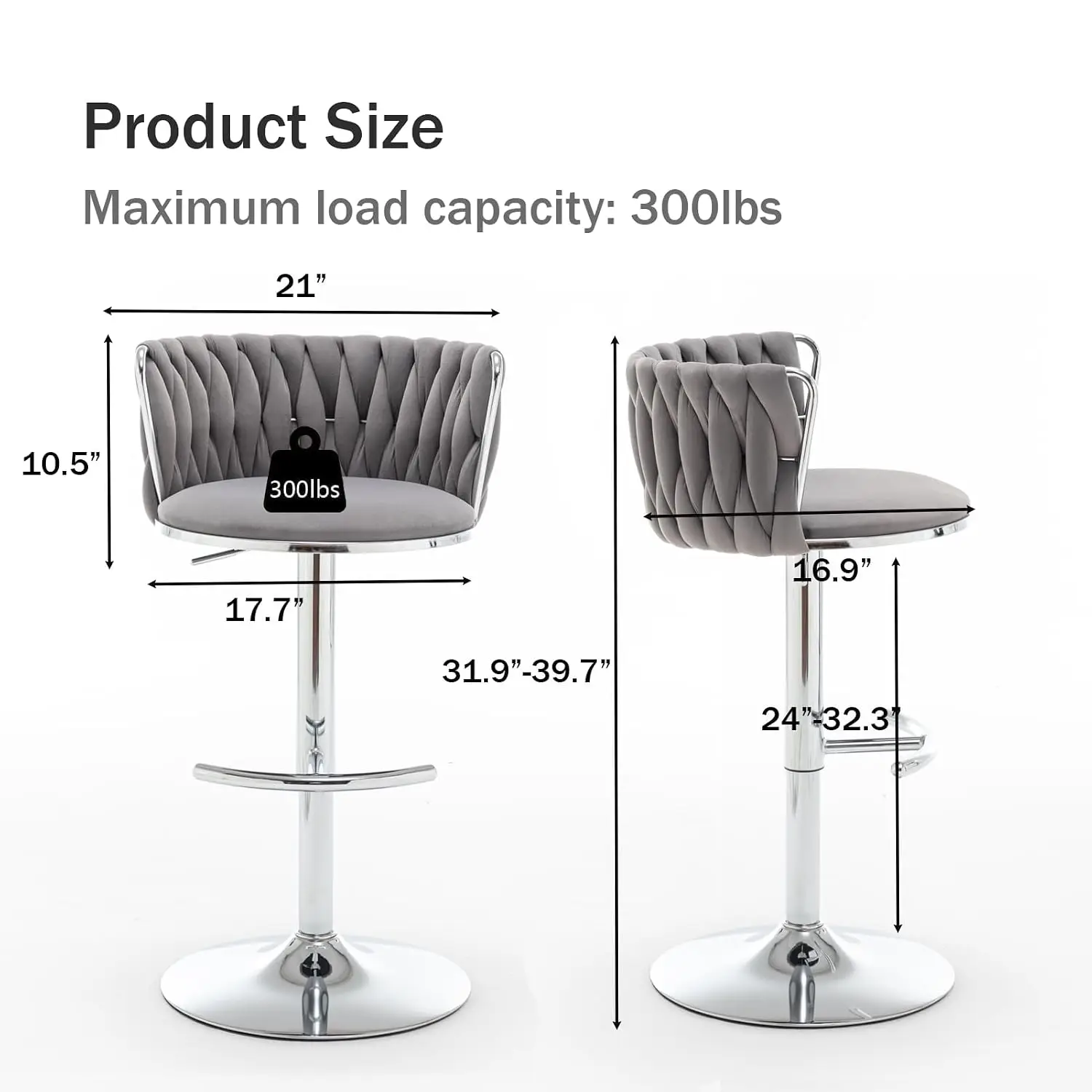 Velvet Swivel Bar Stool with Woven Back, Adjustable Height Kitchen Pub Counter Chair, Set of 3, Customized