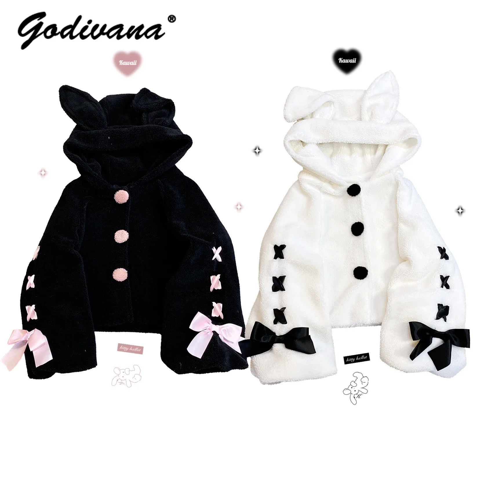 

Autumn and Winter New Long Sleeve Hooded Short Coat Plush Rabbit Ear Button Lace-up Bow Sweet Mine Style Fur Coat for Women