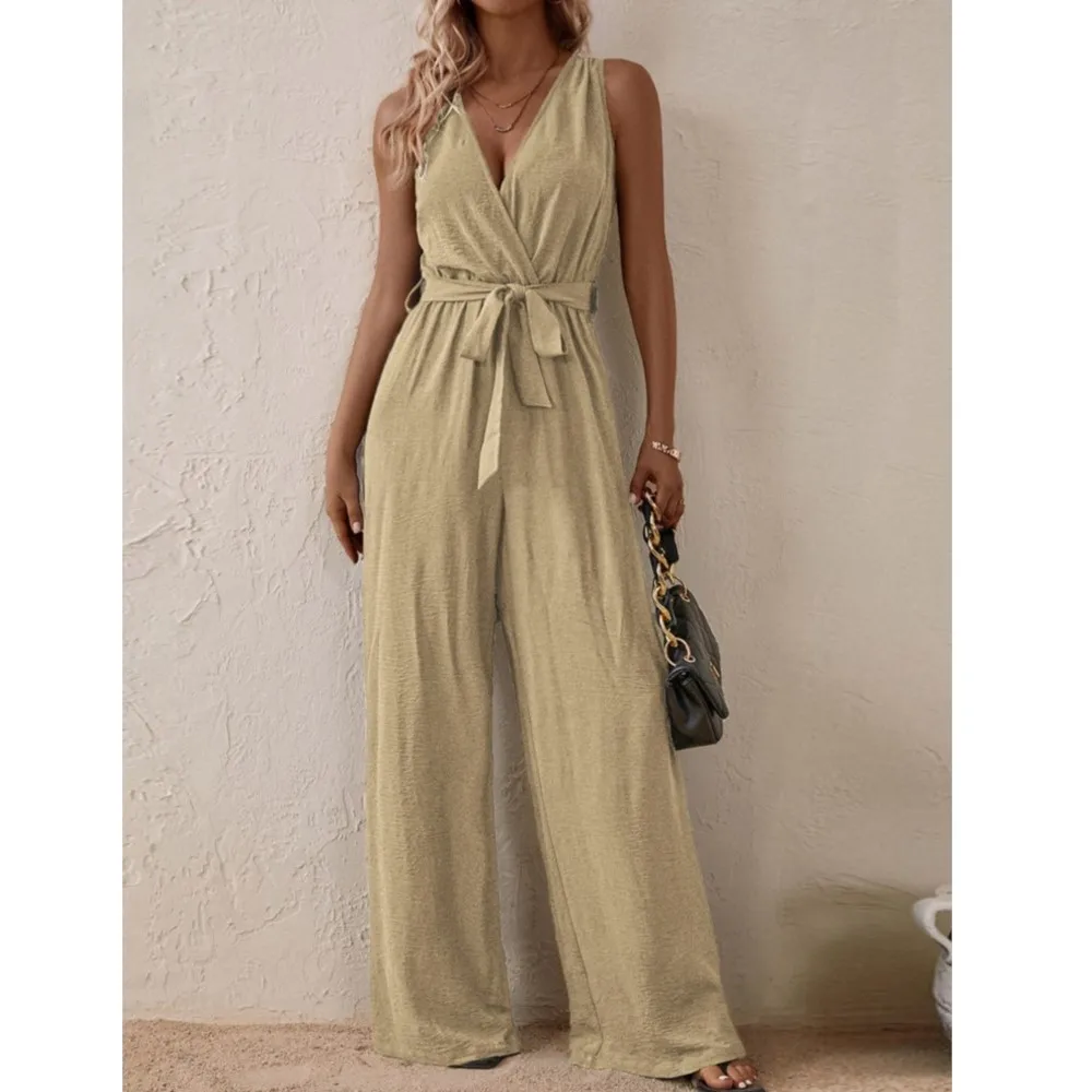 

Casual Fashionable Sexy Slim Deep V-neck Sleeveless Women Wide-leg Jumpsuit Spring Summer New Solid Color Female Jumpsuit2025