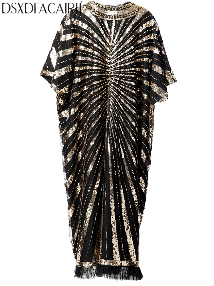 DSXDFACAIRIJ Damen-Maxikleider mit V-Ausschnitt, Fledermausärmeln, Position, Pailletten, Perlenstickerei, bestickt, High Street Mesh-Maxikleider, Herbst, Damen